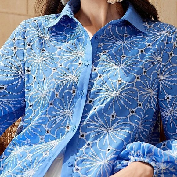 Blue Boho Women's Hollow Out Flower Embroidery Lantern Sleeve Shirt - Picture 3 of 5